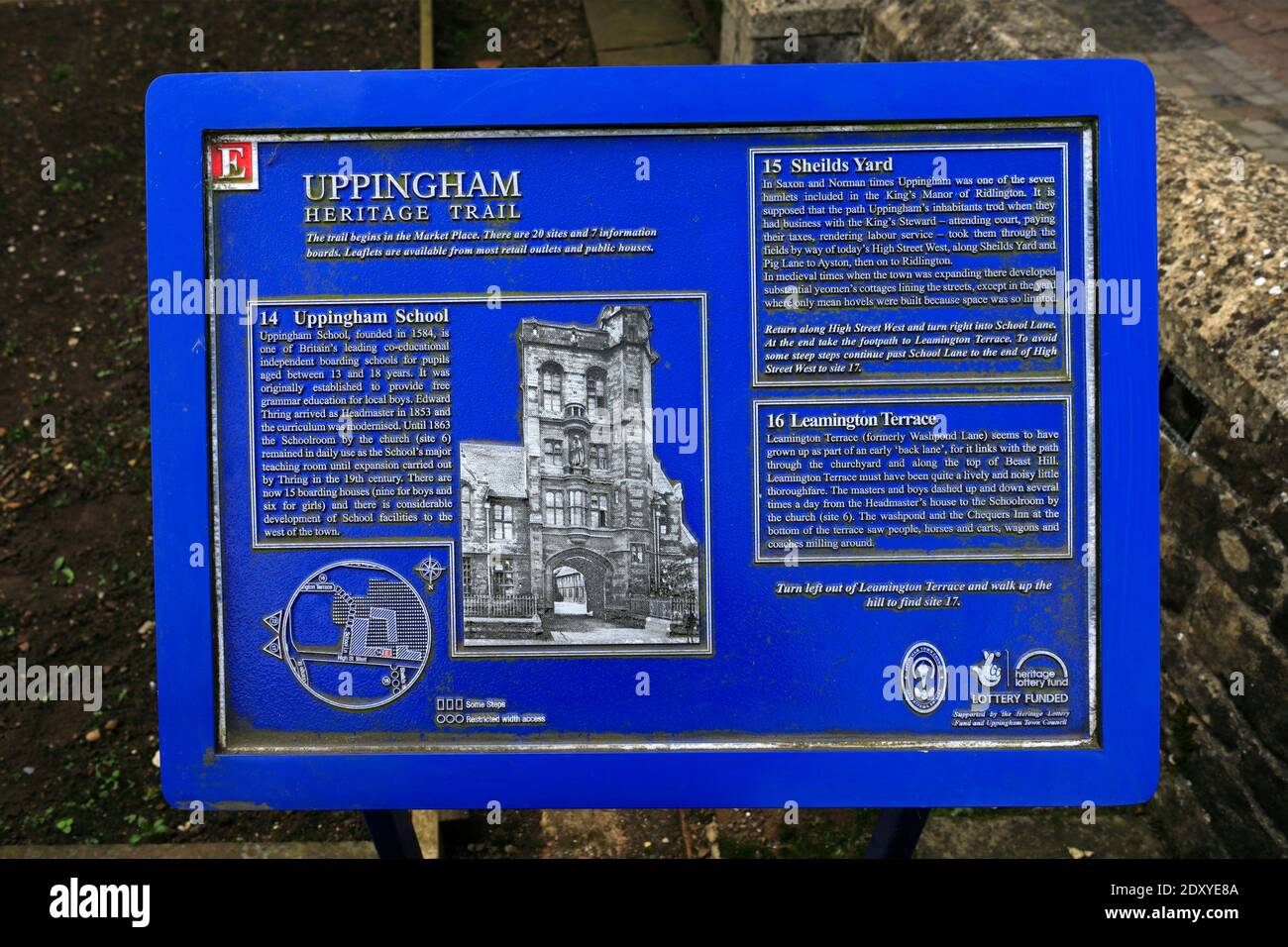 Heritage Trail plaque, Market Place of Uppingham, Rutland, England, UK Stock Photo