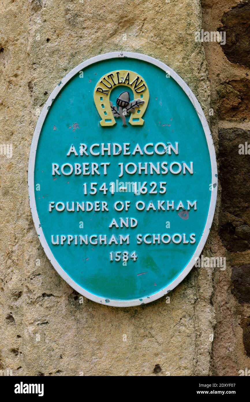 Plaque to Archdeacon Robert Johnson, Uppingham town, Rutland, England, UK Stock Photo