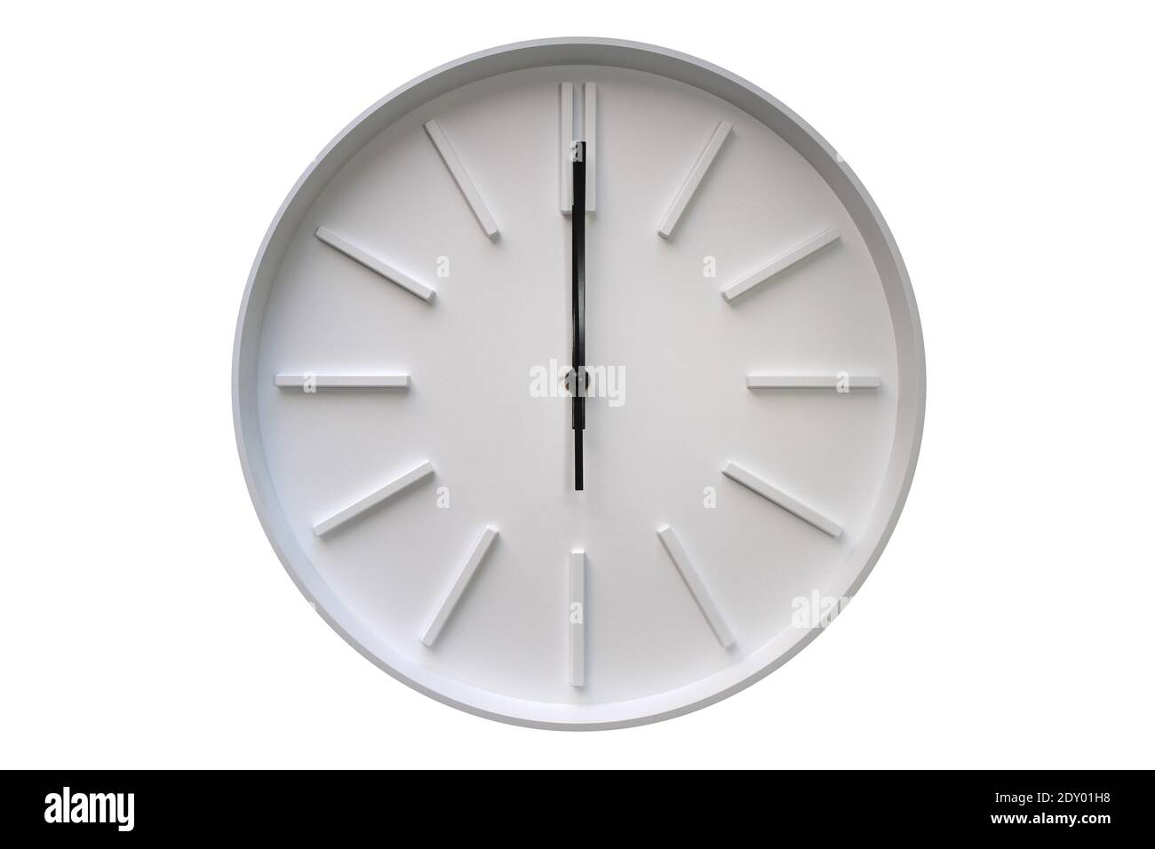 twelve o'clock on analog round white wall clock isolated on white background Stock Photo