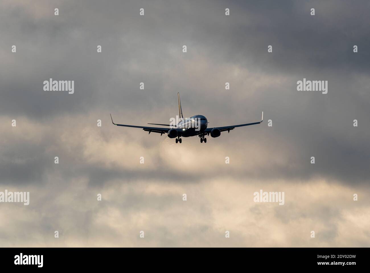Ryanair flight arrival into London Southend Airport, UK, from Malaga, Spain, during Spanish ban on travellers from the UK due to new strain of COVID Stock Photo