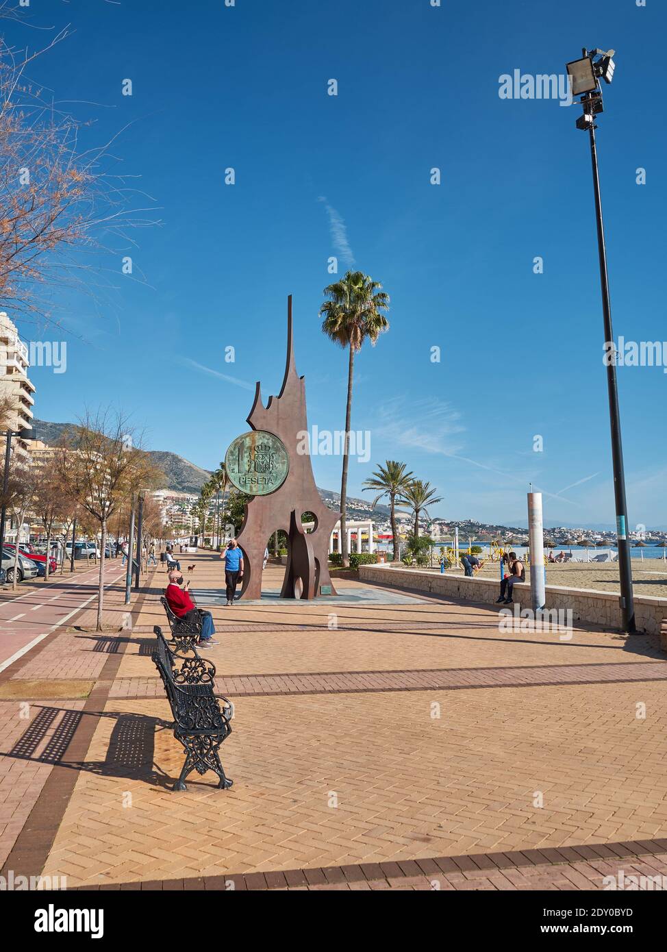 Monument to the Peseta, wich was replaced in 2002 by the Euro. Los Boliches, Fuengirola, Malaga province, Andalusia, Spain. Stock Photo