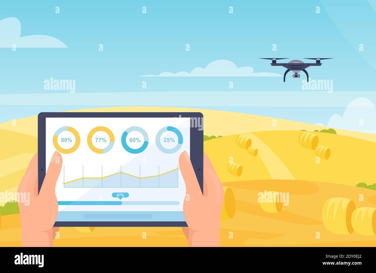 Drone smart farm mobile technology, cartoon farmer hands holding tablet with diagram Stock Vector