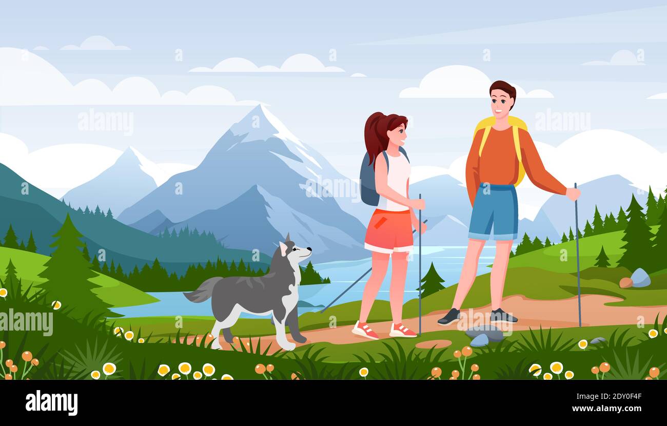 Summer travel activity, cartoon happy traveler woman man couple people and pet friend walk path Stock Vector