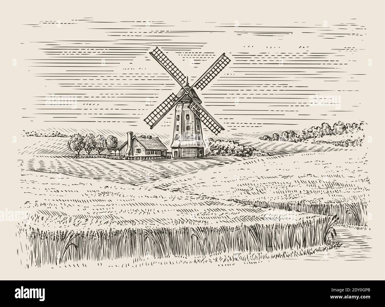 Wheat field and windmill sketch. Farm landscape vintage vector illustration Stock Vector