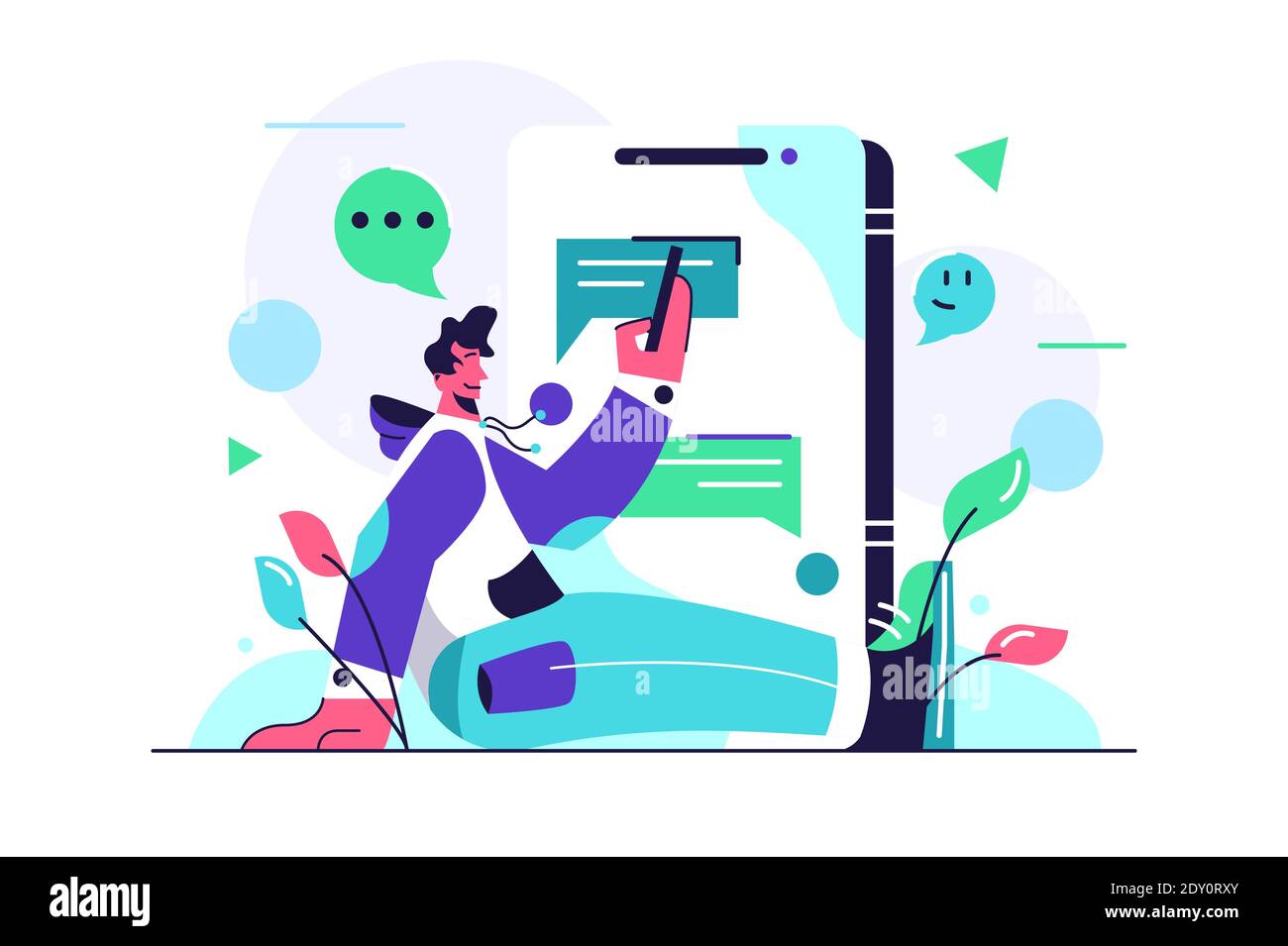 The guy is chatting while sitting on the floor Stock Vector