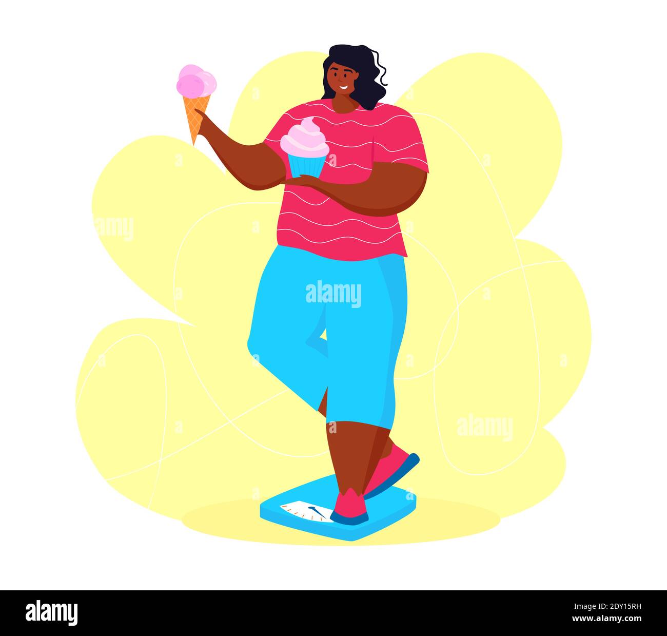 A young african american obese woman eating sweet junk food. A girl get on the scales to get rid of belly fat. Obesity. Black woman. Stock Vector