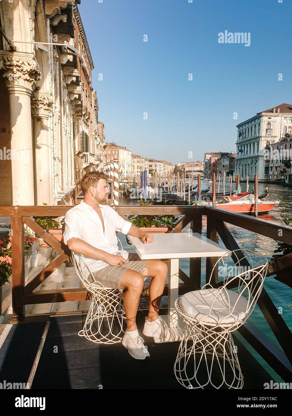 Italy Venice, almost empty city of Venice during summer 2020 with the covid 19 pandemic surge in Italy. Europe Venzia, young men visit Venice Italy Stock Photo