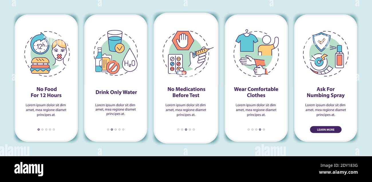 Blood test tips onboarding mobile app page screen with concepts Stock Vector