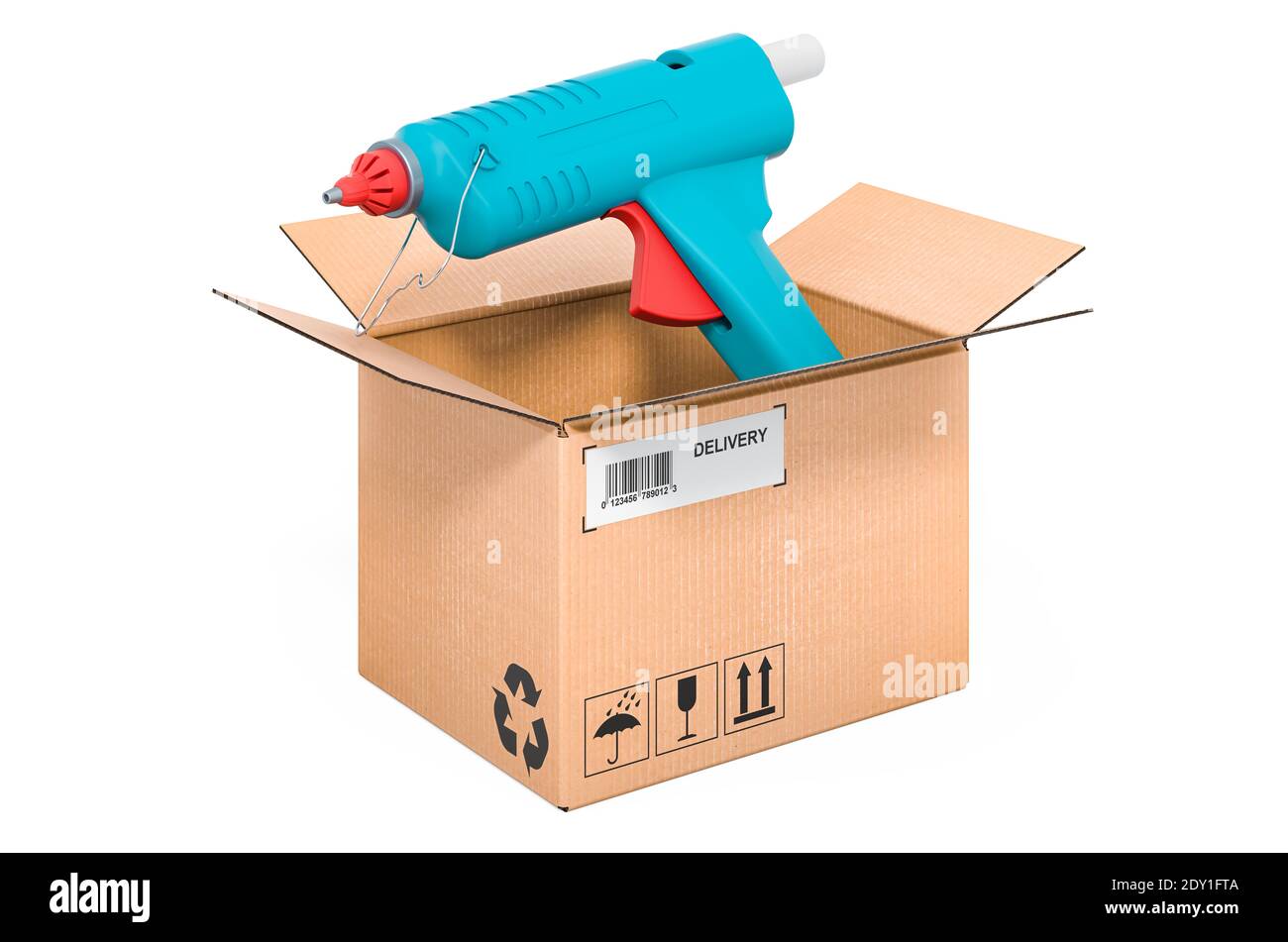 Glue gun inside cardboard box, delivery concept. 3D rendering isolated