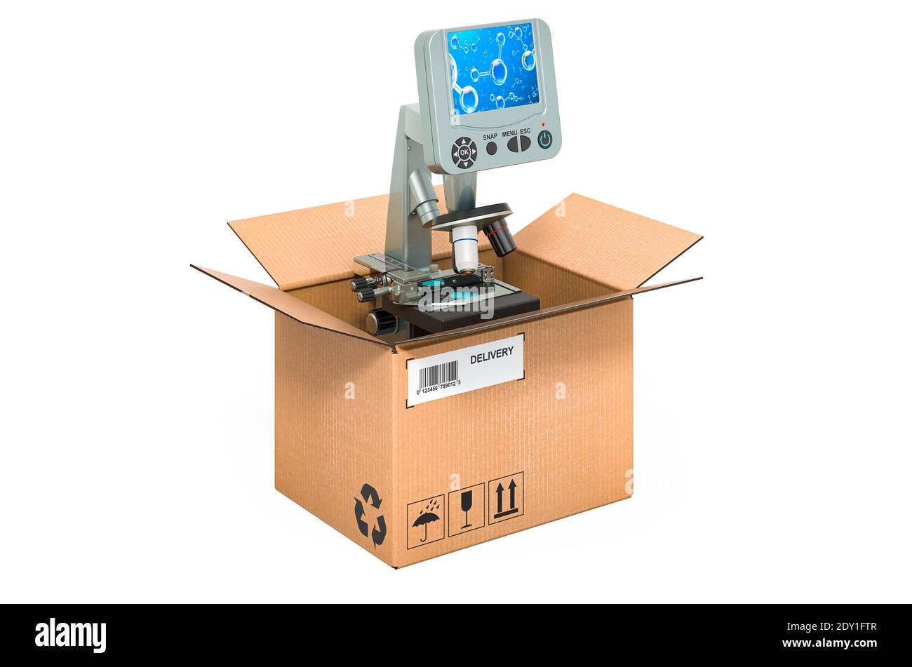 Digital microscope inside cardboard box, delivery concept. 3D rendering ...