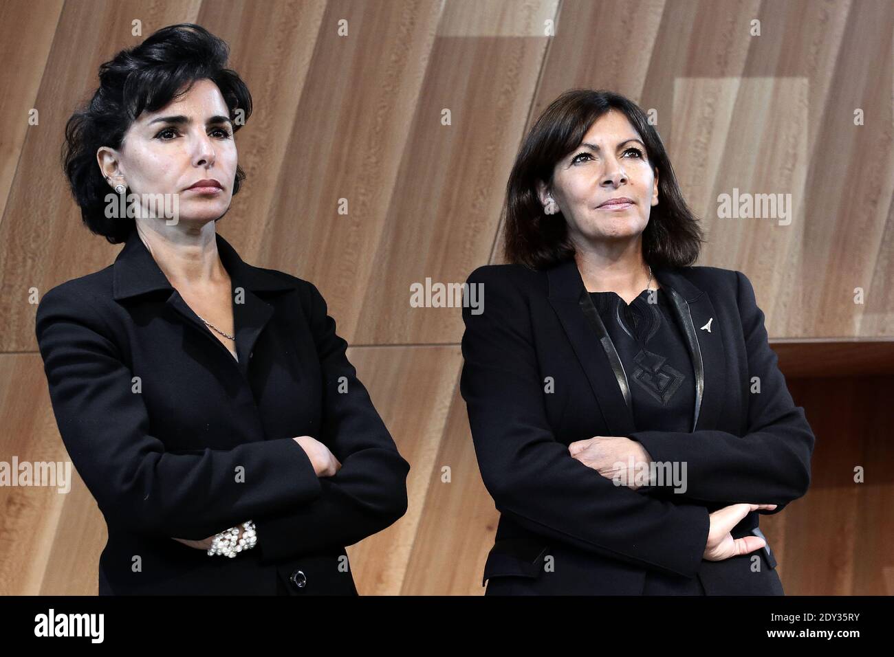Paris' mayor Anne Hidalgo and former minister Rachida Dati take part in the inauguration of the new Eiffel Tower glass floor area in Paris on October 6, 2014. The Eiffel Tower is inaugurating today a new glass floor that is turning the heads of the millions of tourists who flock to Paris's best-known landmark every year. Photo by Stephane Lemouton/ABACAPRESS.COM Stock Photo