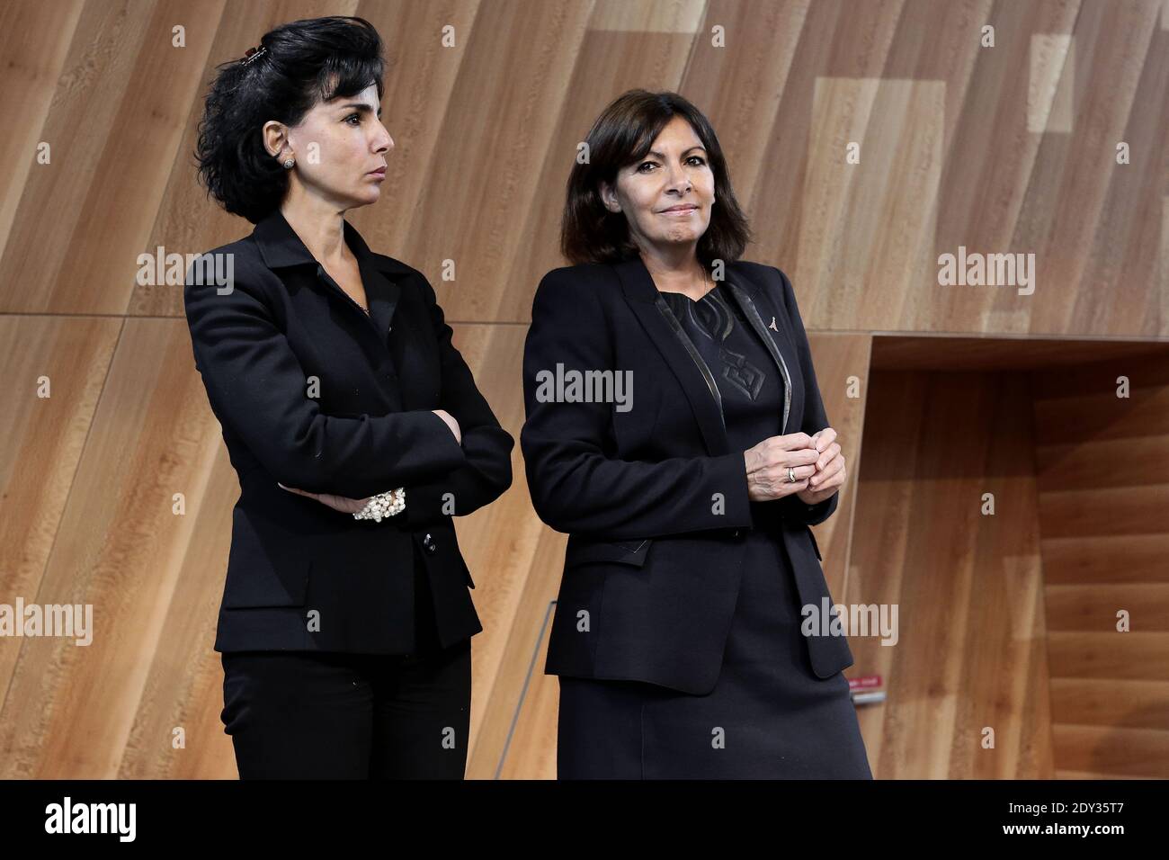 Paris' mayor Anne Hidalgo and former minister Rachida Dati take part in the inauguration of the new Eiffel Tower glass floor area in Paris on October 6, 2014. The Eiffel Tower is inaugurating today a new glass floor that is turning the heads of the millions of tourists who flock to Paris's best-known landmark every year. Photo by Stephane Lemouton/ABACAPRESS.COM Stock Photo