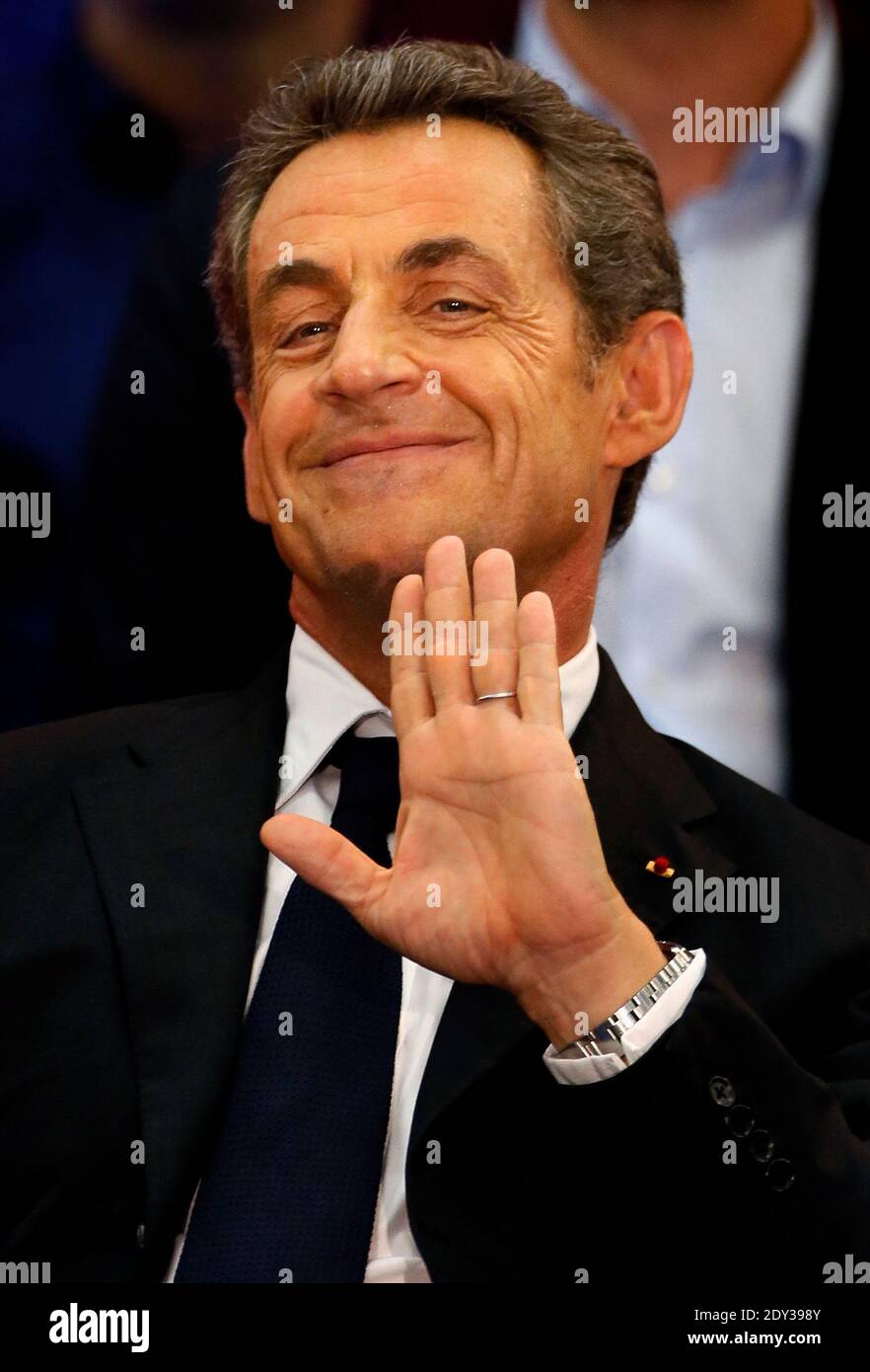 Former President Nicolas Sarkozy, who is a candidate for the leadership of the opposition rightist UMP party, answers questions on October 8, 2014 during a public meeting in the southern city of Toulouse, France. Photo by Patrick Bernard/ABACAPRESS.COM Stock Photo