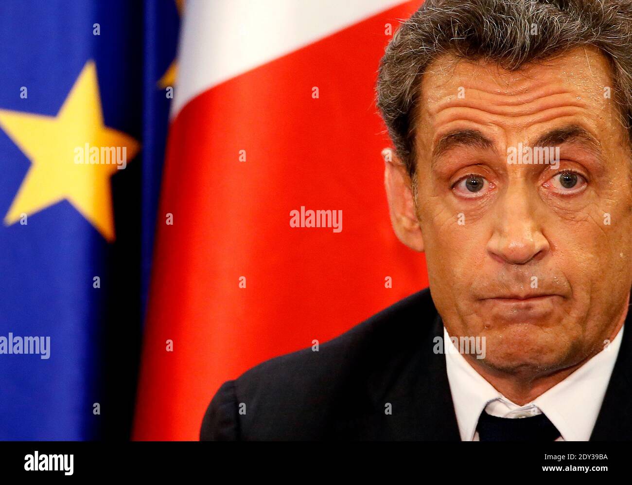 Former President Nicolas Sarkozy, who is a candidate for the leadership of the opposition rightist UMP party, answers questions on October 8, 2014 during a public meeting in the southern city of Toulouse, France. Photo by Patrick Bernard/ABACAPRESS.COM Stock Photo