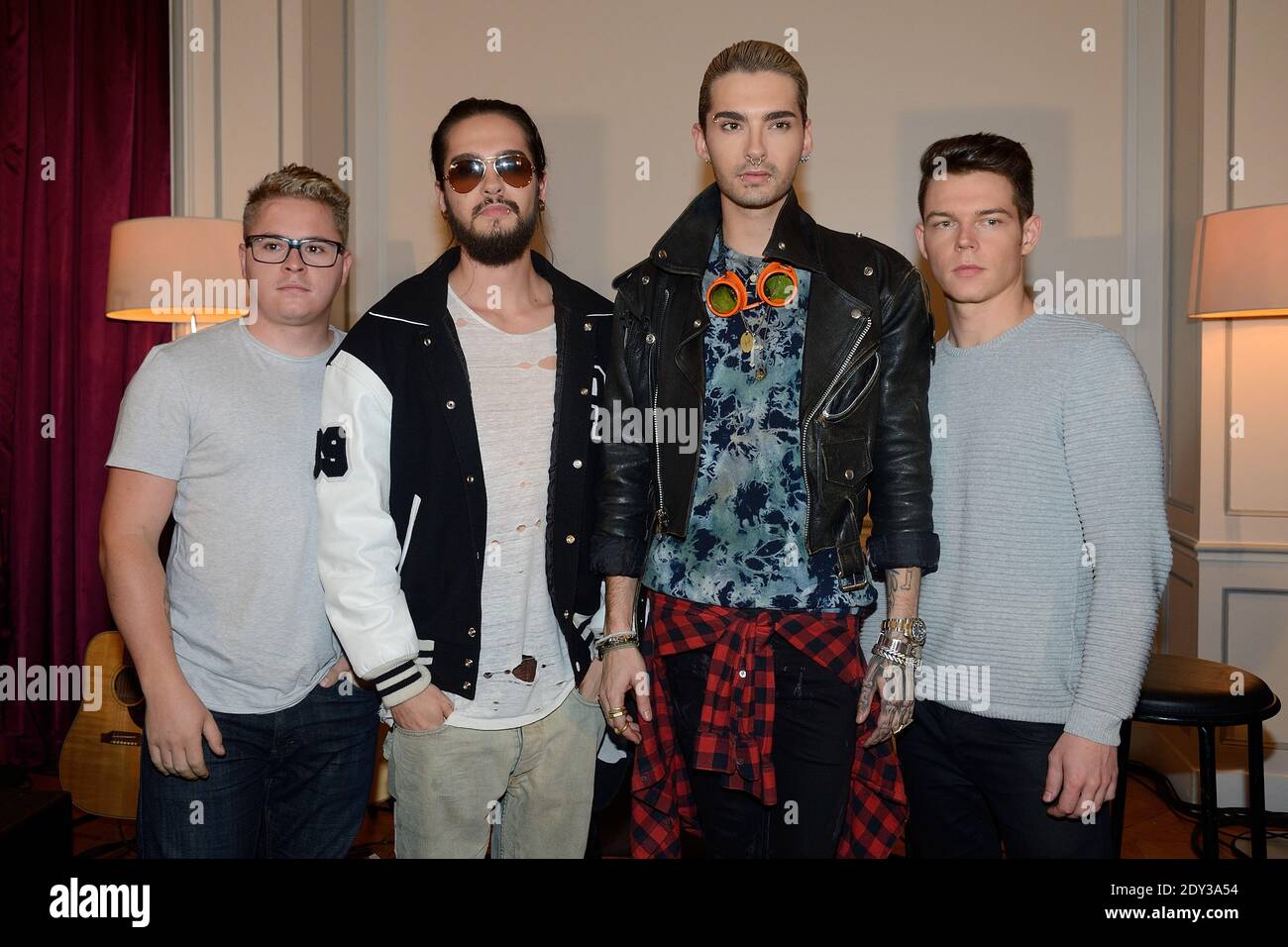 Gustav Schaefer, Tom and Bill Kaulitz and Georg Listing from German band Tokio Hotel performs live during a showcase before a press conference about new album 'Kings of Suberbia' held at Hotel de Sers in Paris, France on October 8, 2014. Photo by Nicolas Briquet/ABACAPRESS.COM Stock Photo