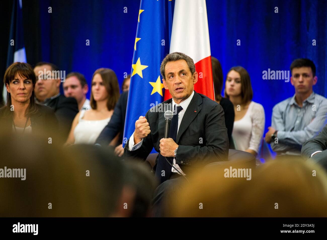 Former French President Nicolas Sarkozy, who is a candidate for the leadership of the opposition rightist UMP party, answers questions on October 8, 2014 during a public meeting in the southern city of Toulouse. Photo by Franck Alix/ABACAPRESS.COM Stock Photo