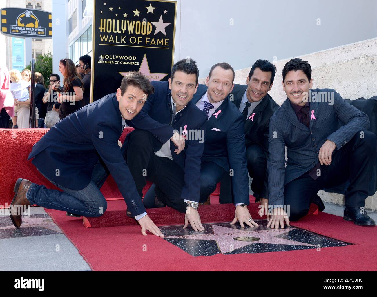 New Kids on The Block members Joey McIntyre, Jordan Knight, Donnie Wahlberg, Danny Wood and Jonathan Knight pose as they are honored with a star on the Hollywood Walk of Fame on October 9, 2014 in Hollywood, Los Angeles, CA, USA. The multi-platinum selling, award-winning musicial group received the 2,530th star in the category of Recording. Photo by Lionel Hahn/ABACAPRESS.COM Stock Photo