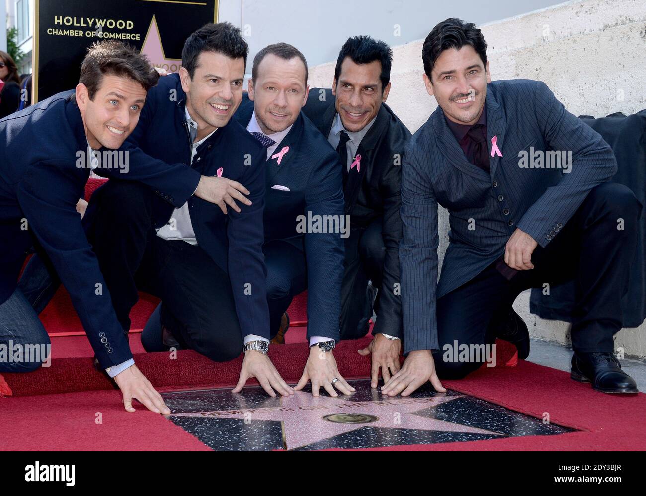 New Kids on The Block members Joey McIntyre, Jordan Knight, Donnie Wahlberg, Danny Wood and Jonathan Knight pose as they are honored with a star on the Hollywood Walk of Fame on October 9, 2014 in Hollywood, Los Angeles, CA, USA. The multi-platinum selling, award-winning musicial group received the 2,530th star in the category of Recording. Photo by Lionel Hahn/ABACAPRESS.COM Stock Photo