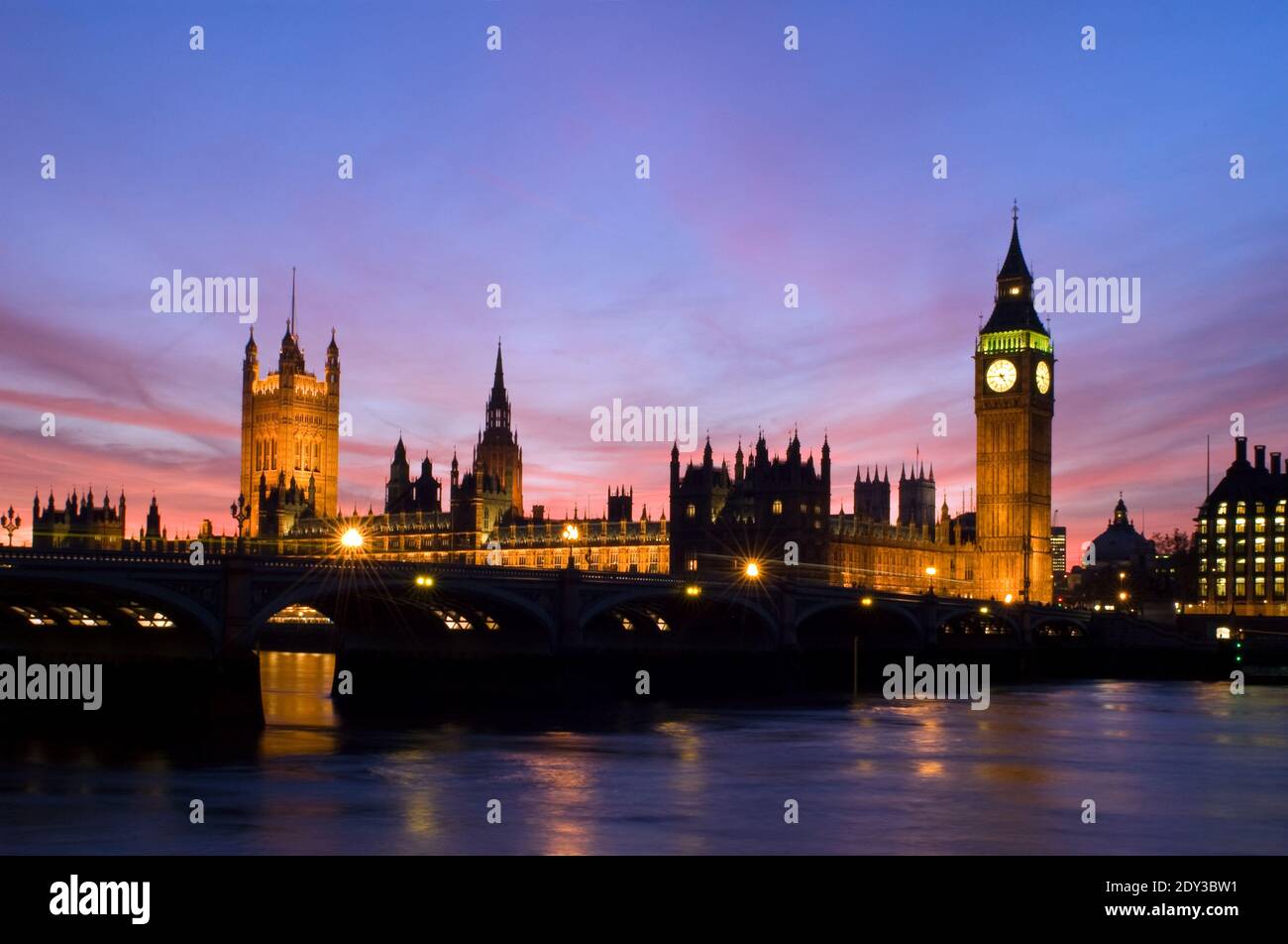 The Houses of Parliament at sunset, seen from the River Thames, London