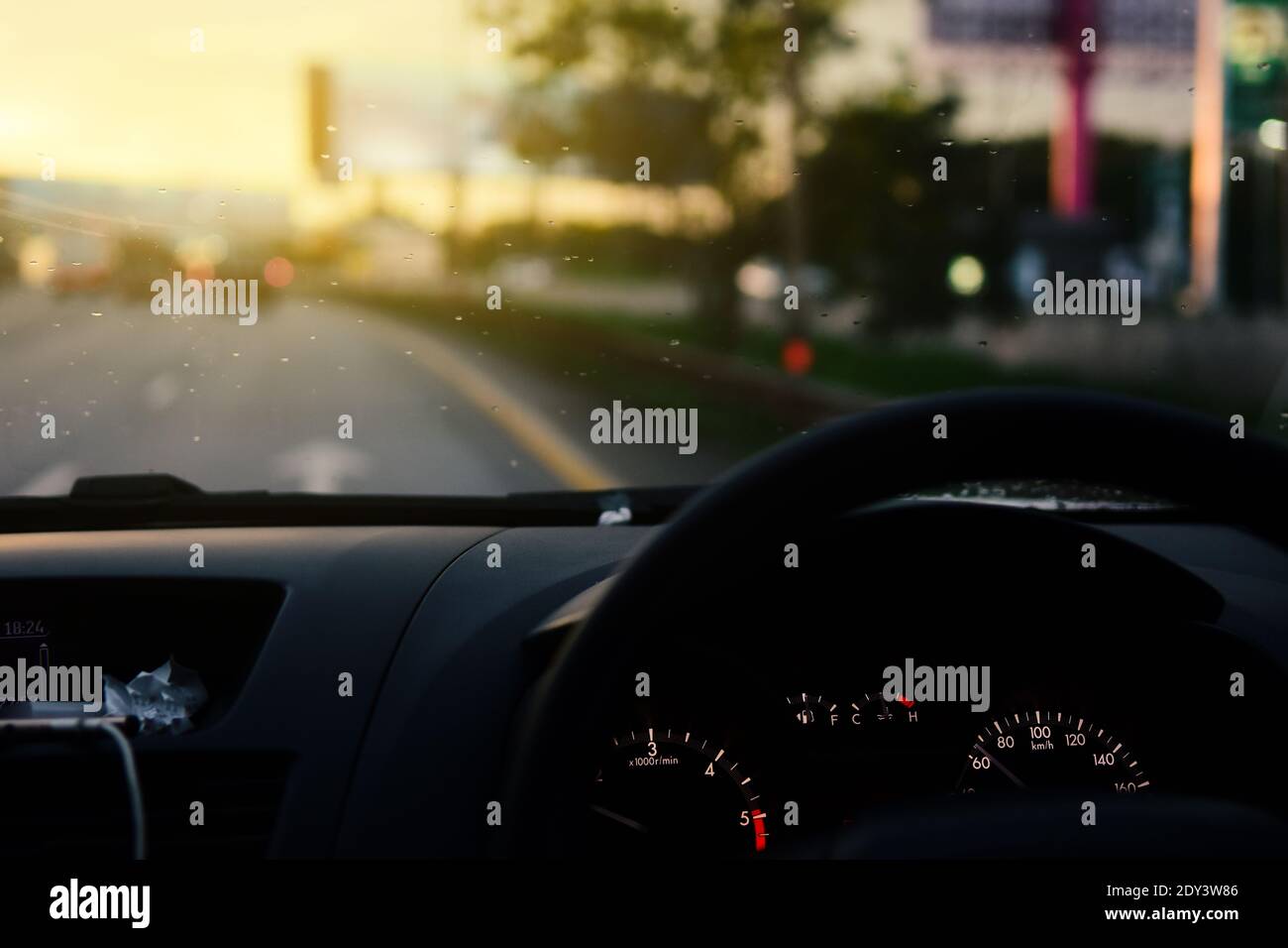 Car Moving On Road Seen Through Windshield Stock Photo Alamy