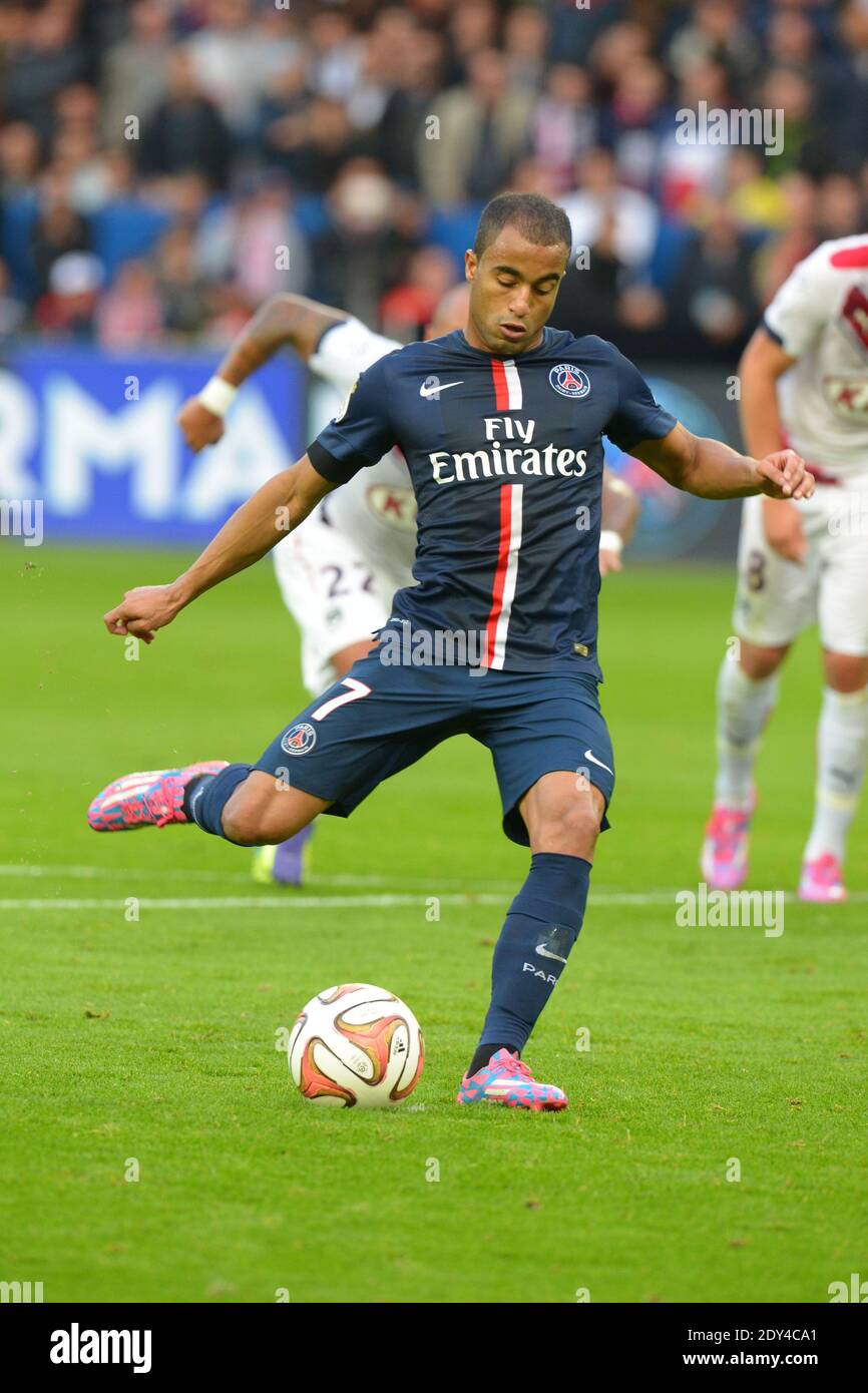 PSG's Lucas Moura scoring the 1-0 penalty goal during the French First ...