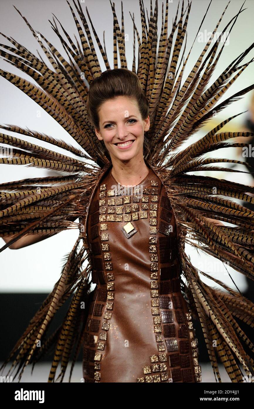Elodie Varlet displaying a dress designed by Lauranne De Jaegher and  chocolated by Jean-Philippe Darcis during the 20th Salon du Chocolat held  at Porte de Versailles in Paris, France on October 28,