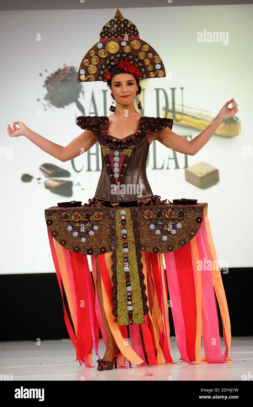 Aida Touhiri displaying a dress designed by Maison Rannou-Metivier during the 20th Salon du Chocolat held at Porte de Versailles in Paris, France on October 28, 2014. Photo by Aurore Marechal/ABACAPRESS.COM Stock Photo