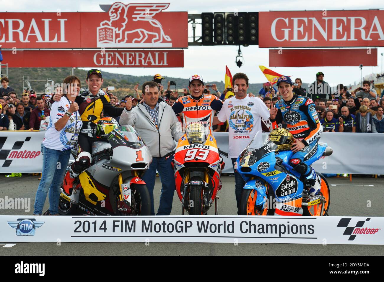 The 3 2014 World Championsfrom left, Tito Rabat, Spain Moto 2 World Champion,  Mark Marquez, Spain Moto GP World Champion, Alex Marquez, Spain, Moto 3  World Champion during the Moto GP Spain