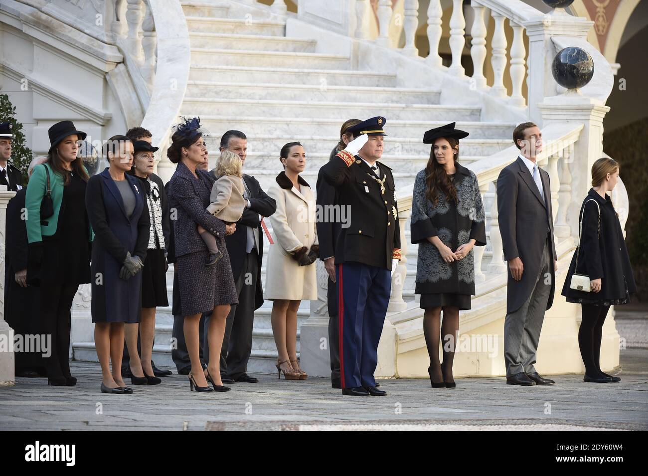 Princess Stephanie, Princess Caroline with her grandson Sacha Casiraghi, Princess Alexandra, Prince Albert II of Monaco, Andrea Casiraghi and wife Tatiana Santo Domingo during a ceremony in the Courtyard of Honor of the Grimaldi Palace to celebrate the 2014 National Day in Monaco on November 19, 2014. Photo Pool by Pascal Le Segretain/ABACAPRESS.COM Stock Photo