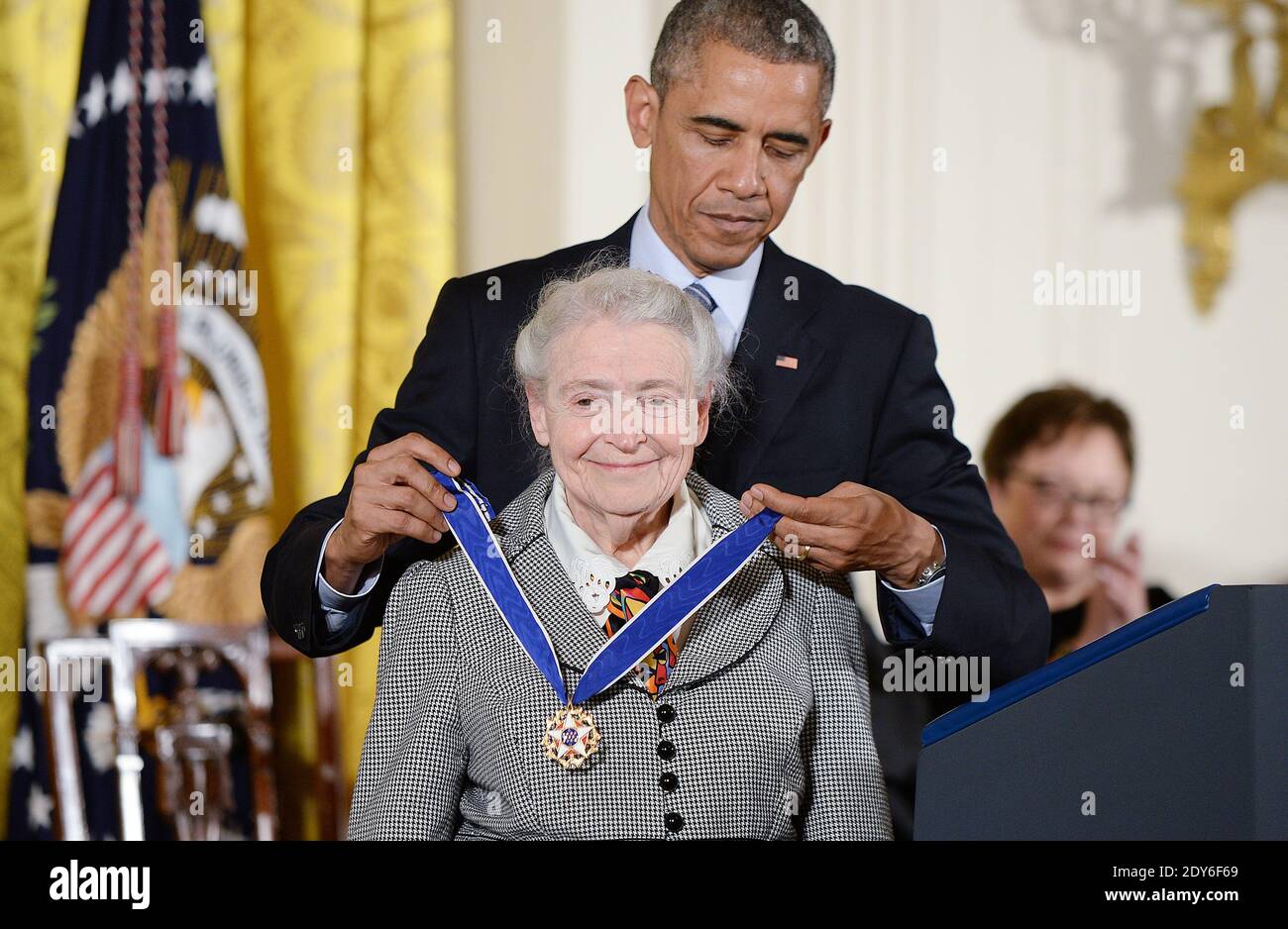 US President Barack Obama presents the Medal of Freedom to physicists  Mildred Dresselhaus during a ceremony in the East Room of the White House  in Washington, DC, USA, on November 24, 2014.
