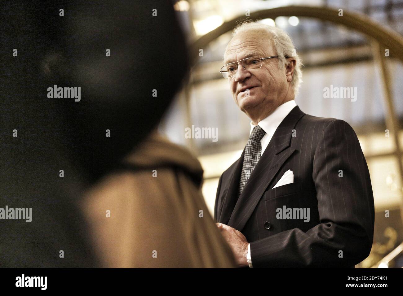 Swedish King Carl XVI Gustaf visits Le Train Bleu culinary restaurant located in Gare de Lyon railway station as part of the Swedish royal couple's three-day state visit to France, in Paris, France on December 3, 2014. Photo Pool by Denis Allard/ABACAPRESS.COM Stock Photo