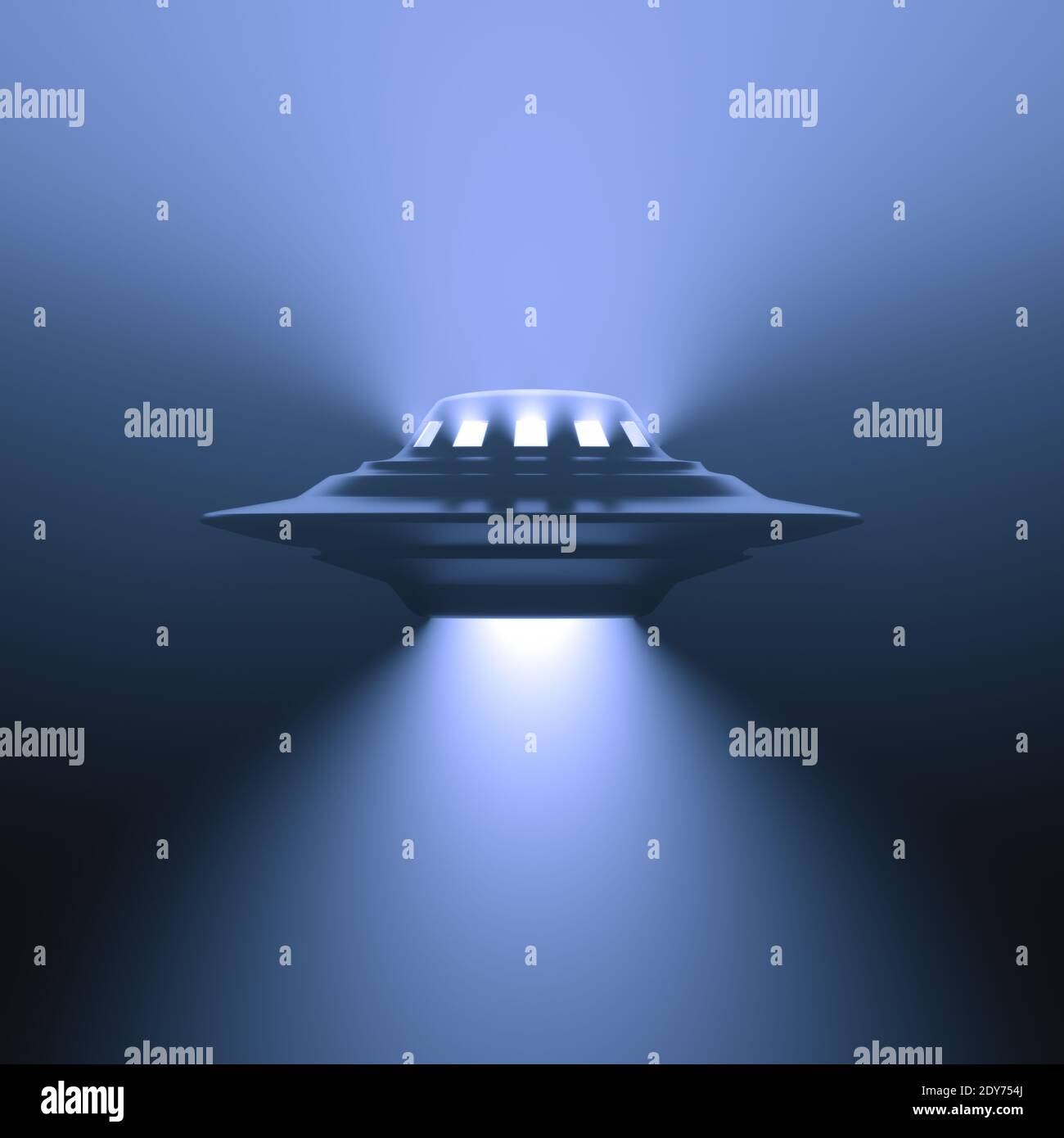 Unidentified flying object at night with fog and a light below, supposed tractor beam. Clipping path included, 3D illustration. Stock Photo