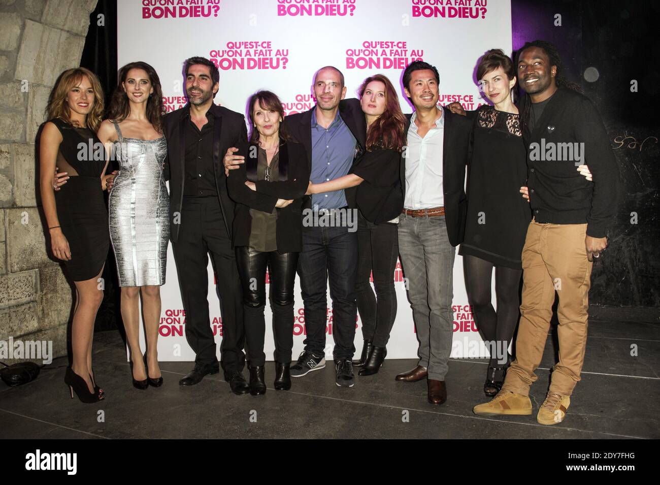 Medi Sadoun Et Frédérique Bel French actors Emilie Caen, Frederique Bel, Elodie Fontan, Noom Diawara, Ary  Abittan, Michele Laroque, Medi Sadoun, Julia Piaton, Frederic Chau and  Chantal Lauby posing at the Showcase nightclub before celebrating the  success