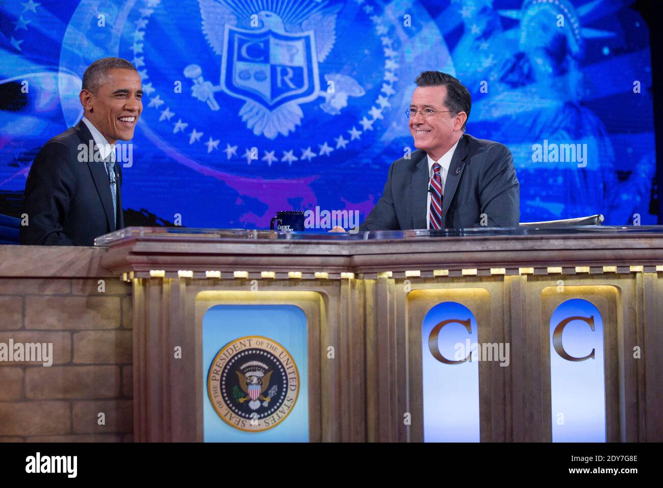 U.S. President Barack Obama, left, tapes Comedy Centrals The Colbert Report with television personality Stephen Colbert in Lisner Auditorium at George Washington University in Washington, DC, USA, on Monday, December 8, 2014. This is President Obamas third appearance on The Colbert Report that will broadcast its final show on December 18. Photo by Andrew Harrer/Pool/ABACAPRESS.COM Stock Photo