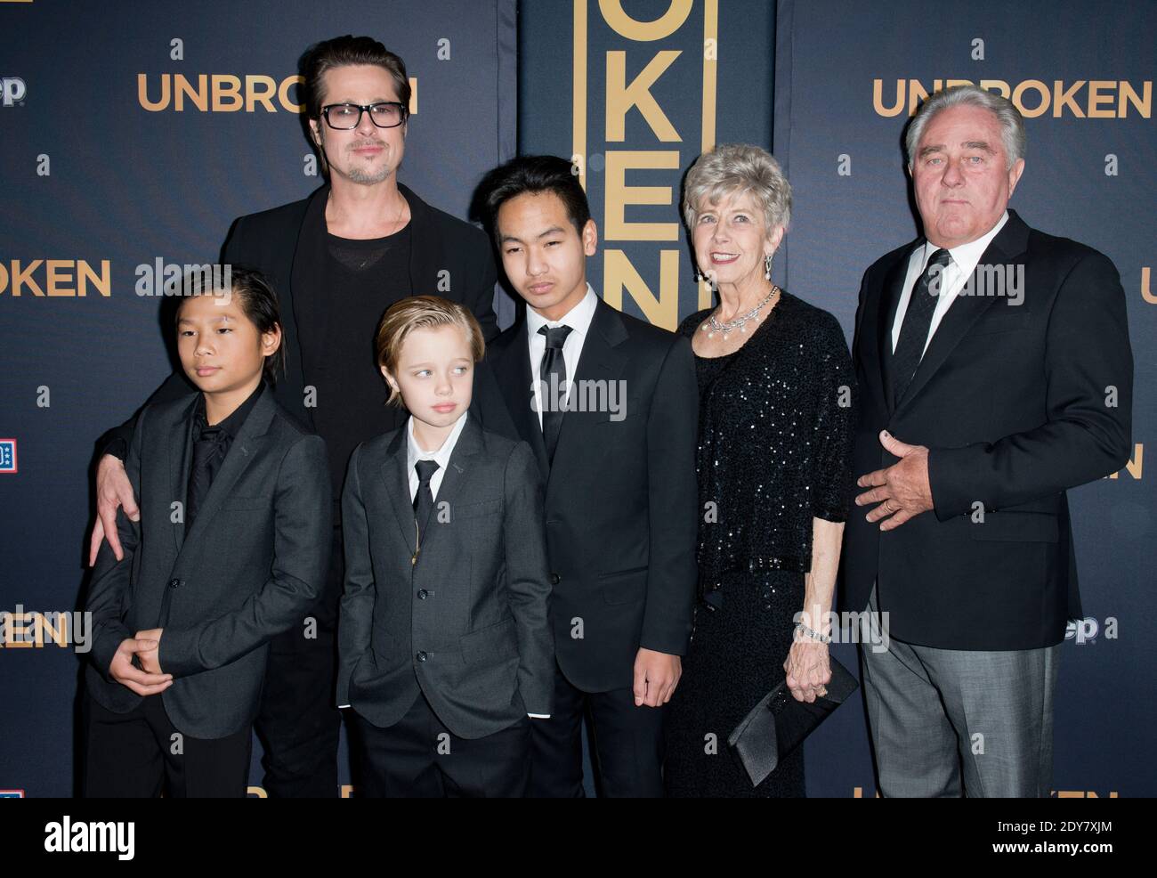 Brad Pitt, Pax Thien Jolie-Pitt, Shiloh Nouvel Jolie-Pitt, Maddox Jolie-Pitt, Jane Pitt and William Pitt attend the premiere of Universal Studios Unbroken at TCL Chinese Theatre on December 15, 2014 in Los Angeles, CA, USA. Photo by Lionel Hahn/ABACAPRESS.COM Stock Photo