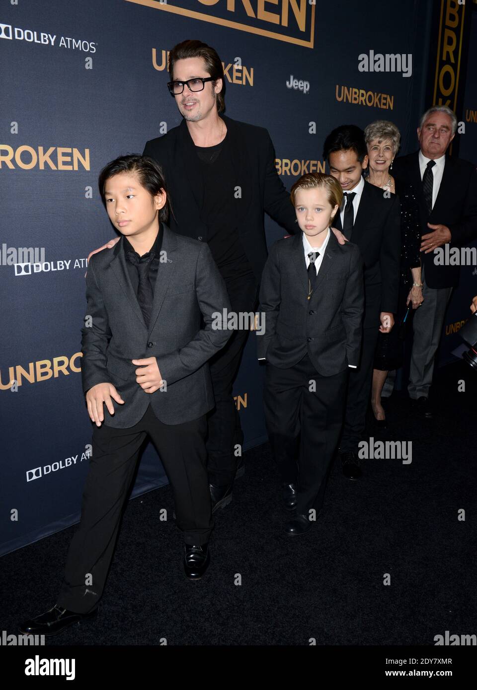 Brad Pitt, Pax Thien Jolie-Pitt, Shiloh Nouvel Jolie-Pitt and Maddox Jolie-Pitt attend the premiere of Universal Studios Unbroken at TCL Chinese Theatre on December 15, 2014 in Los Angeles, CA, USA. Photo by Lionel Hahn/ABACAPRESS.COM Stock Photo