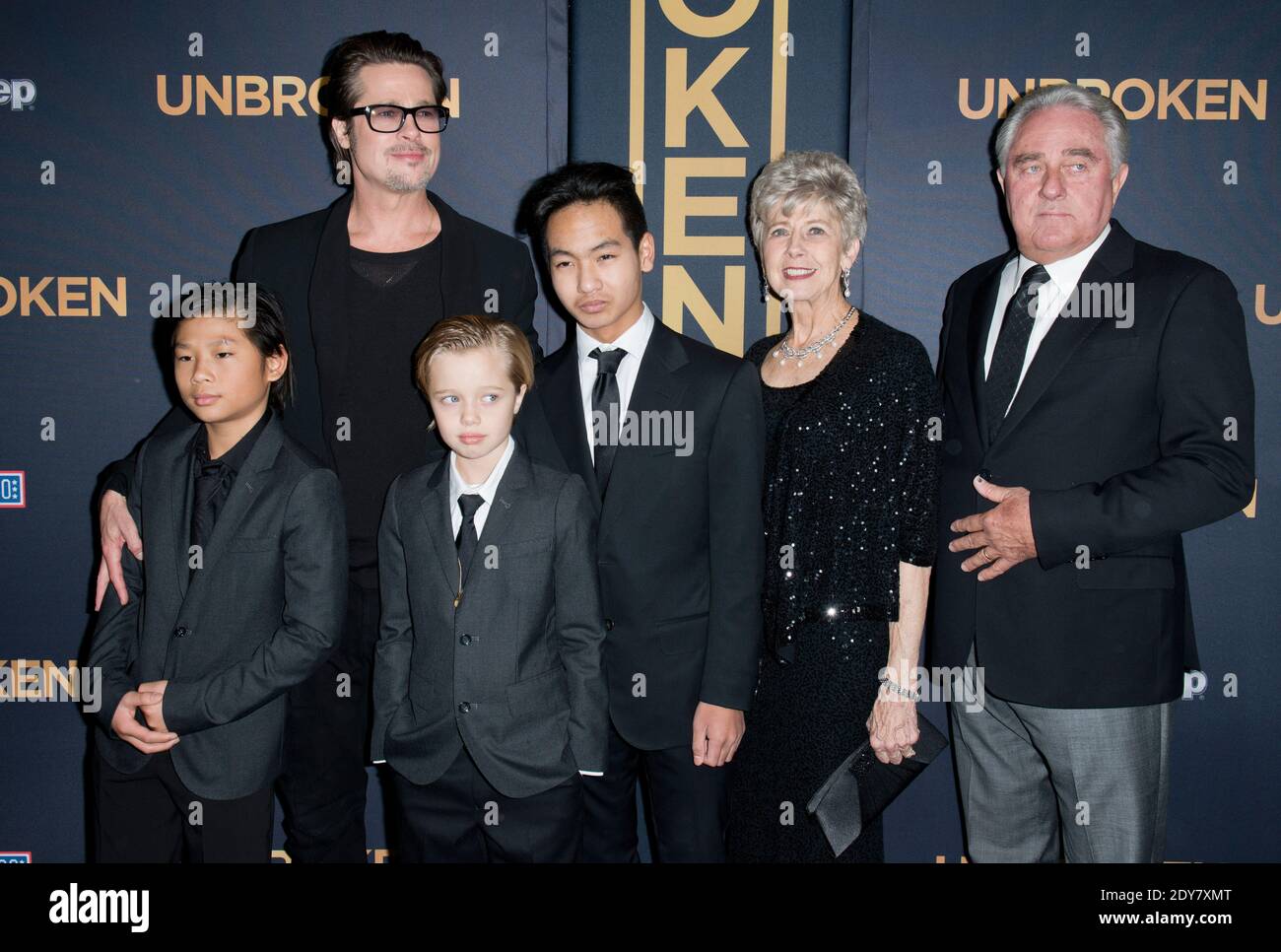 Brad Pitt, Pax Thien Jolie-Pitt, Shiloh Nouvel Jolie-Pitt, Maddox Jolie-Pitt, Jane Pitt and William Pitt attend the premiere of Universal Studios Unbroken at TCL Chinese Theatre on December 15, 2014 in Los Angeles, CA, USA. Photo by Lionel Hahn/ABACAPRESS.COM Stock Photo