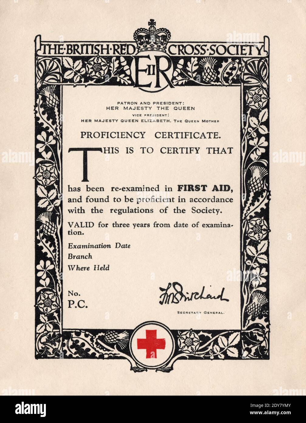 British Red Cross Society certificate for First Aid from 1960 Stock