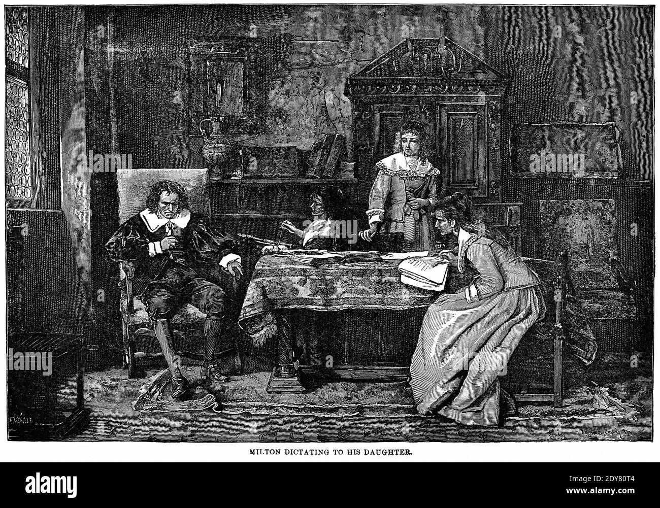 Milton dictating to his Daughter, Illustration, Ridpath's History of the World, Volume III, by John Clark Ridpath, LL. D., Merrill & Baker Publishers, New York, 1897 Stock Photo