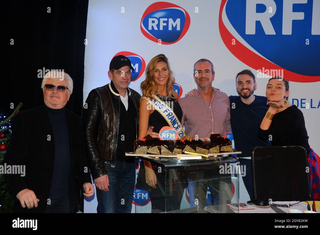 Marc Cerrone, Garou, Miss France 2015 Camille Cerf, Bruno Robles,  Christophe Willem and Justine Fraioli attending the radio show 'Le Meilleur  des reveils RFM' in Paris, France on December 19, 2014. Photo