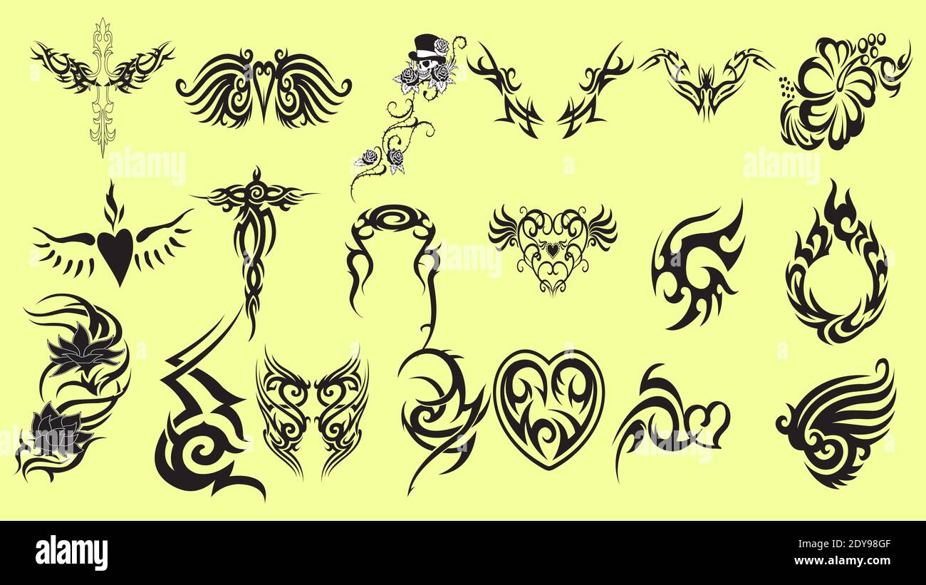 Set of colorfull and black tattoos at traditional vintage style.  symbols Stock Vector
