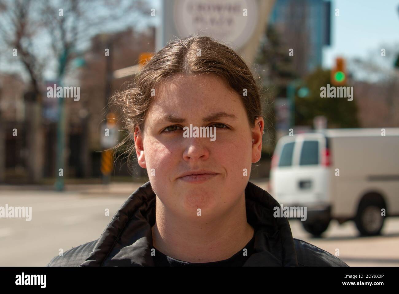 Niagara Falls Canada, April 01 2020: Editorial photograph of a women  looking at the camera, candid style editorial Stock Photo - Alamy