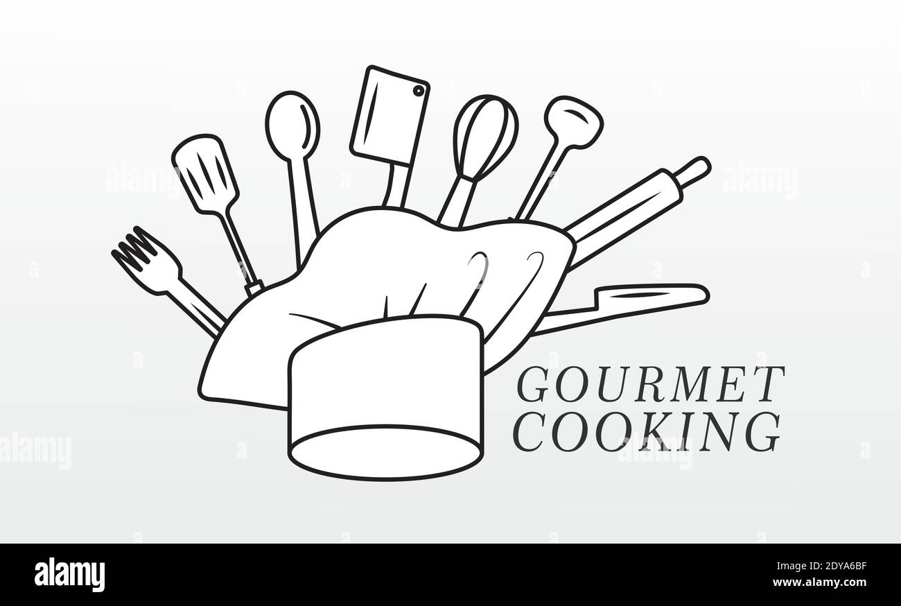 chef hat uniform with kitchen tools and lettering line style icon ...