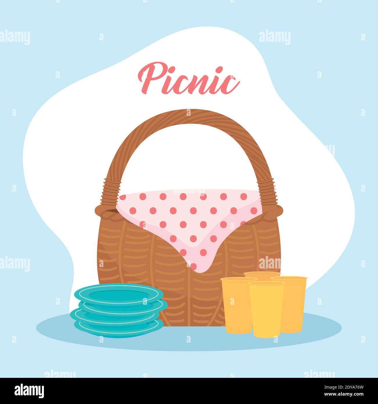 picnic design with picnic basket with disposable cups and plates over