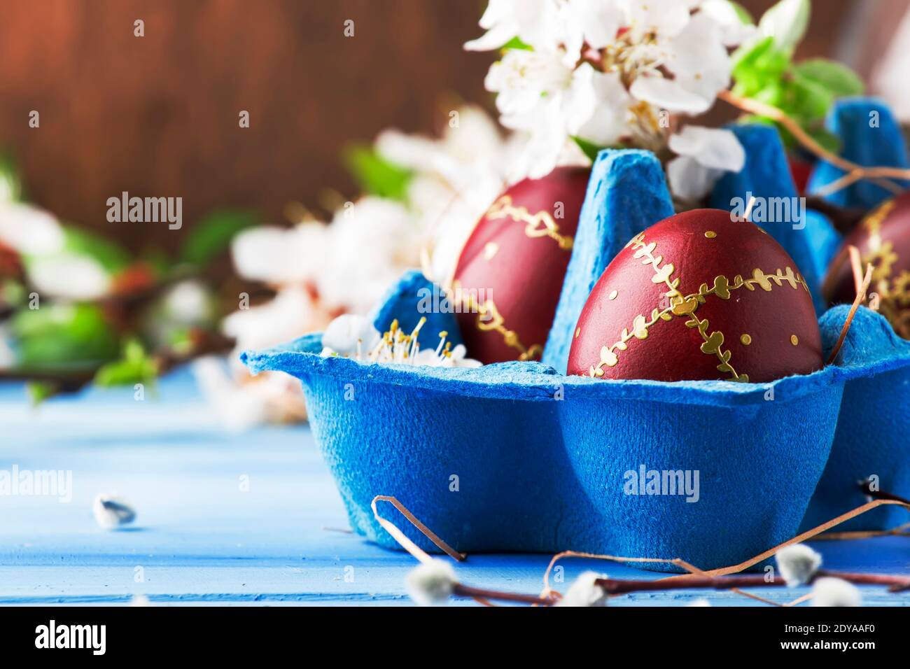 Easter eggs and spring white flowers on Easter blue background with ...