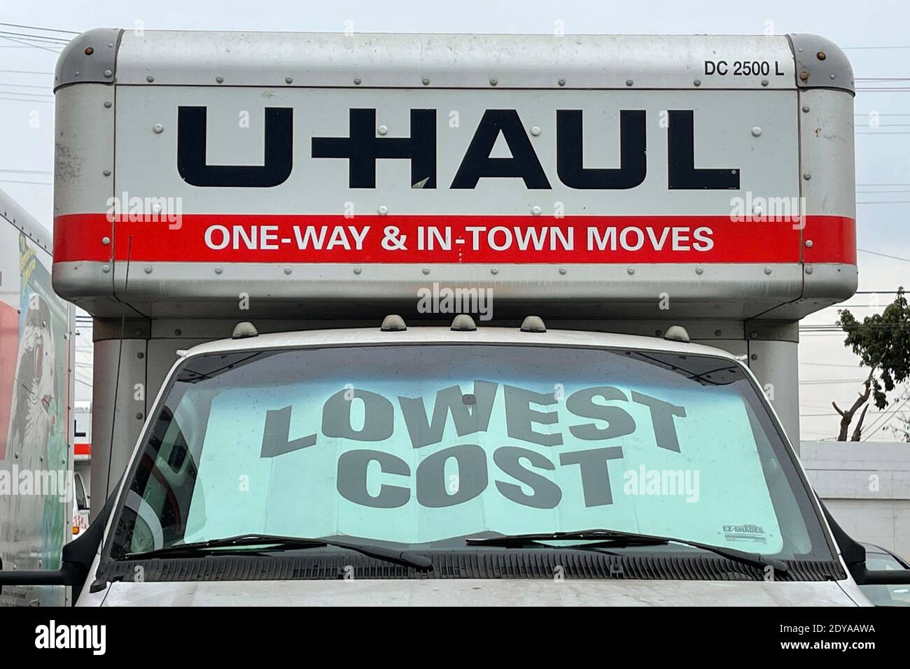 U-Haul rental moving trucks are seen, Thursday, Dec. 24, 2020, in Los Angeles. (Kirby Lee via AP) Stock Photo