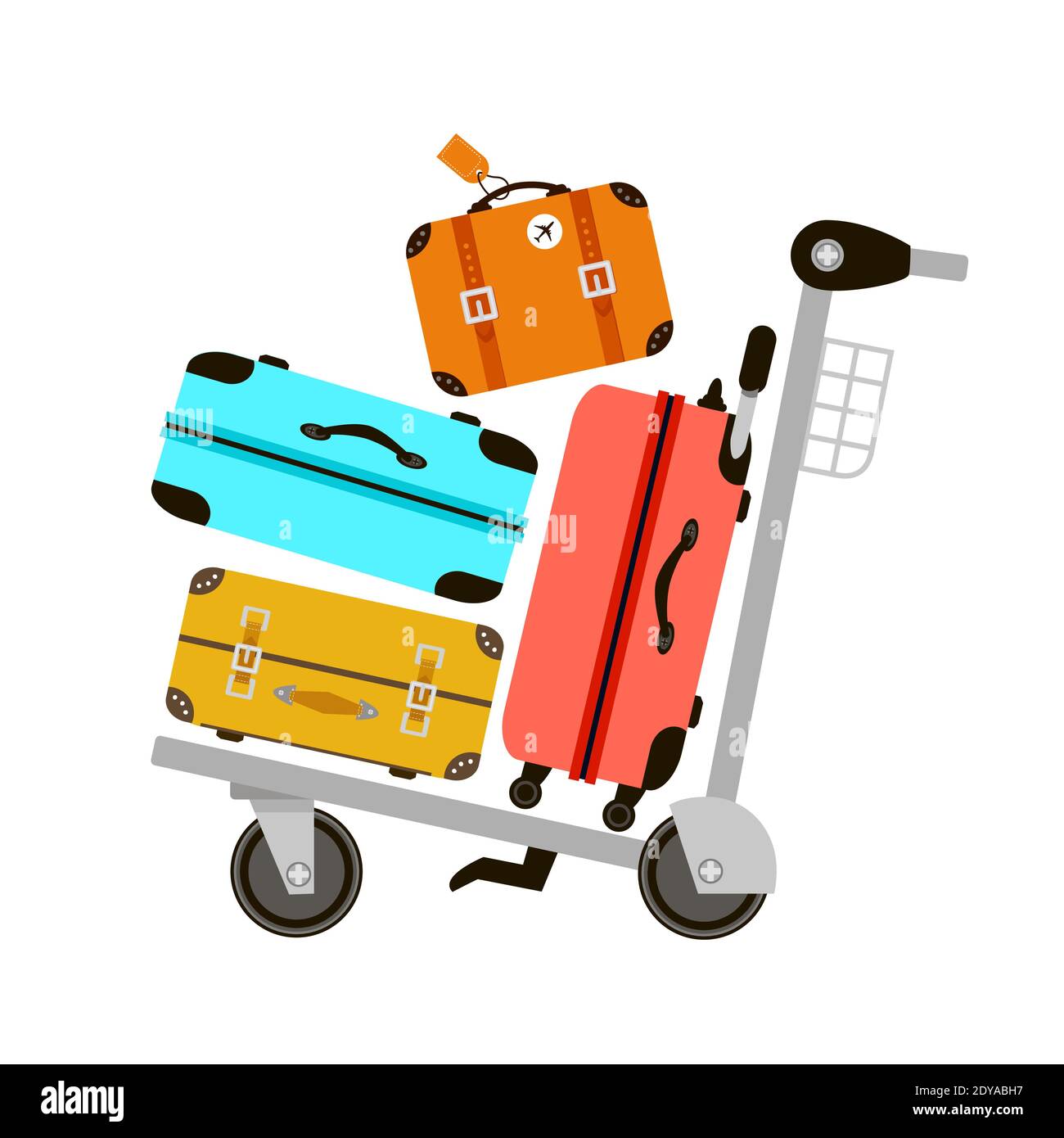 Suitcases on airport luggage trolley. Travel bag. Summer time. Holidays