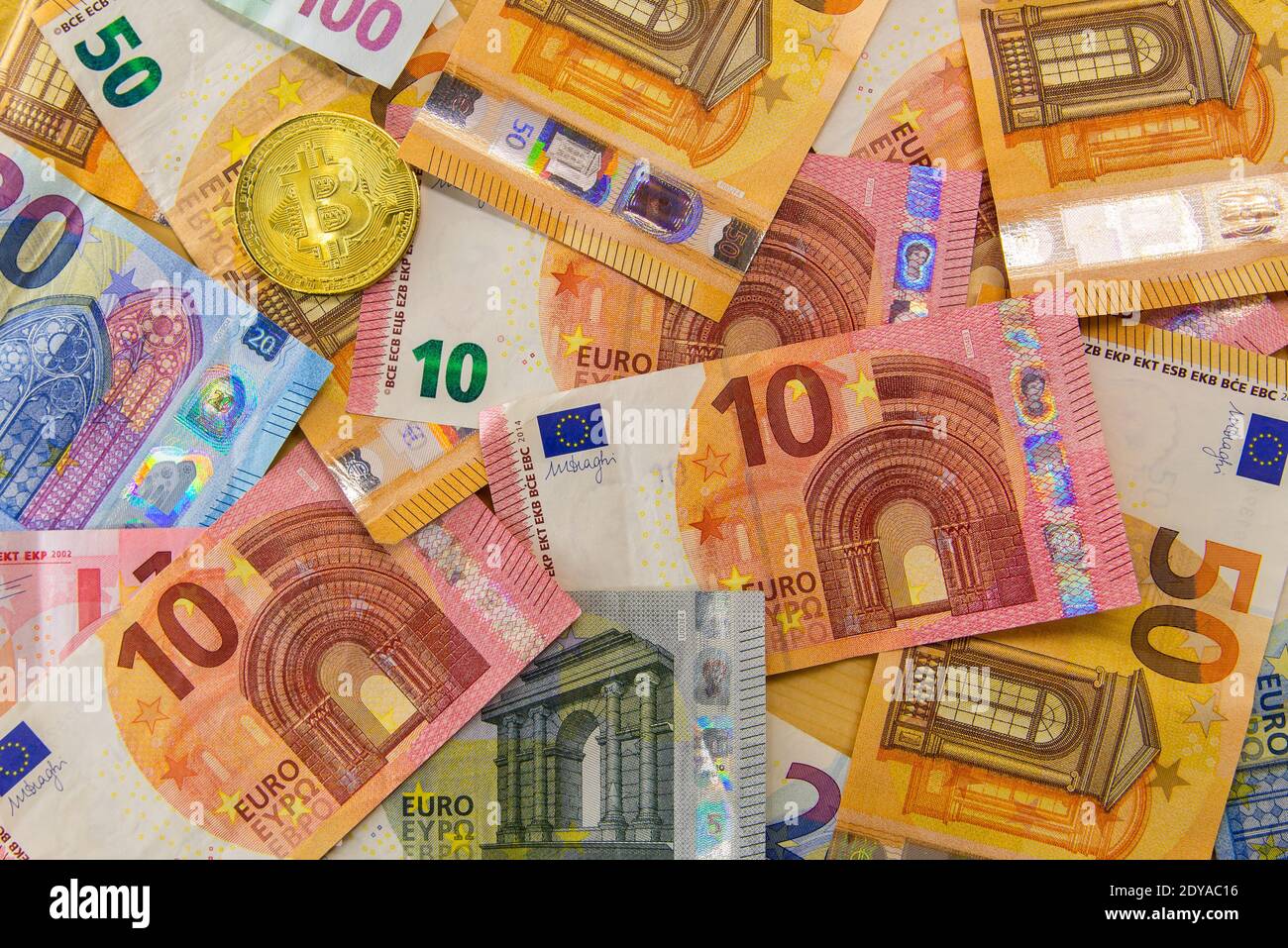 Bitcoin together other current money from Europe. New forms of investment.  Digital money Stock Photo - Alamy