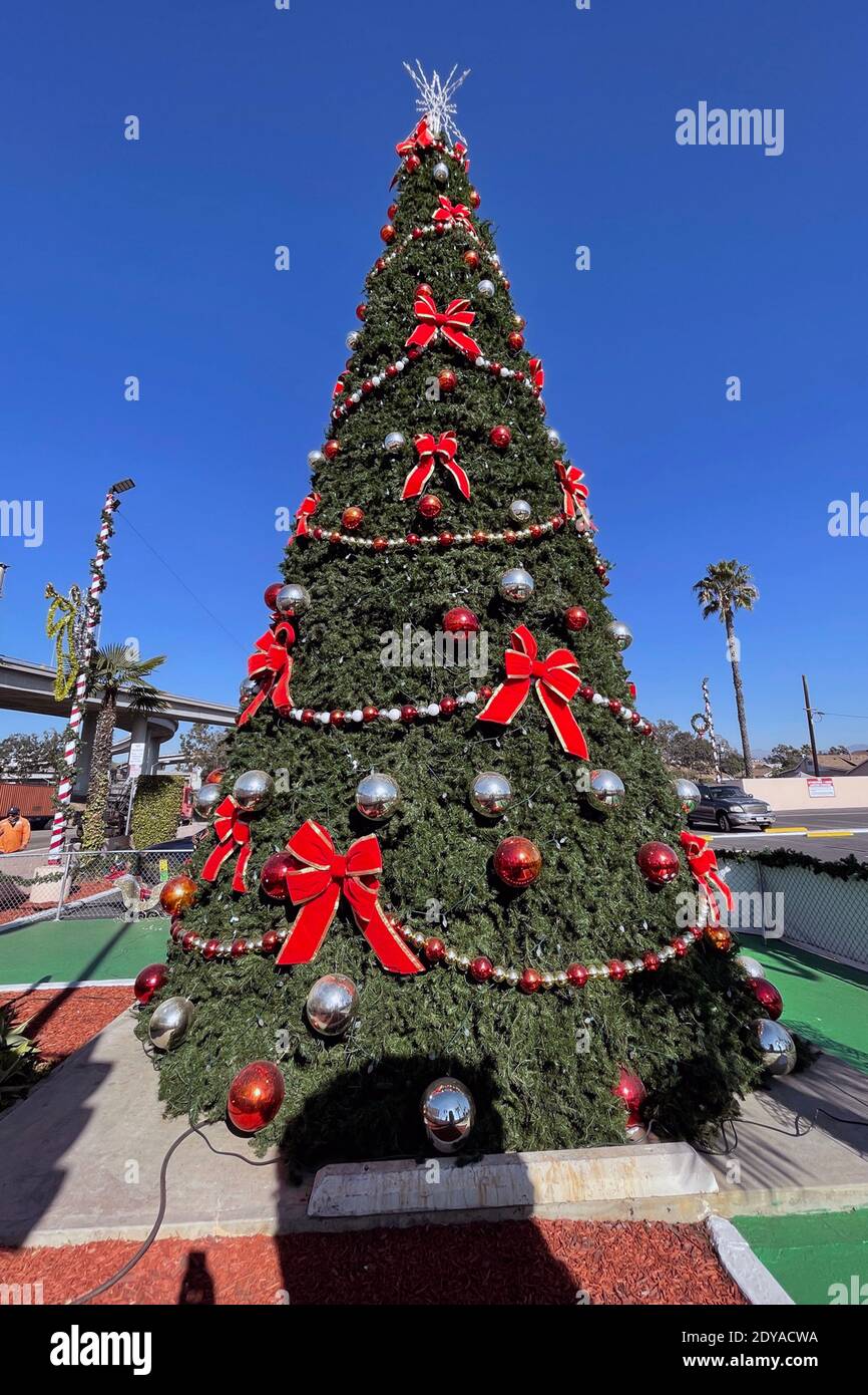 A Christmas tree at a King Taco restaurant, Tuesday, Dec. 22, 2020, in Los Angeles. Stock Photo