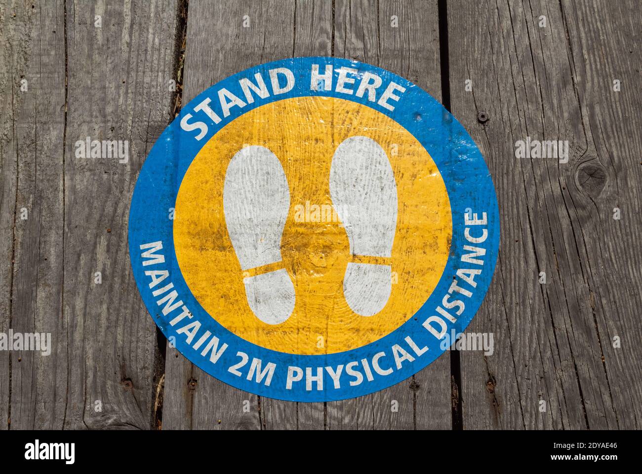 Social distancing sign on the wooden floor. Please Wait Here. Public Coronavirus safety. Stock Photo